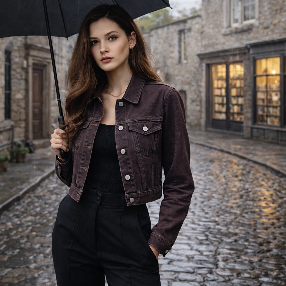 Club Monaco Aubergine Denim Cropped Button-Up Trucker Jacket Dark‎ Academia XS
